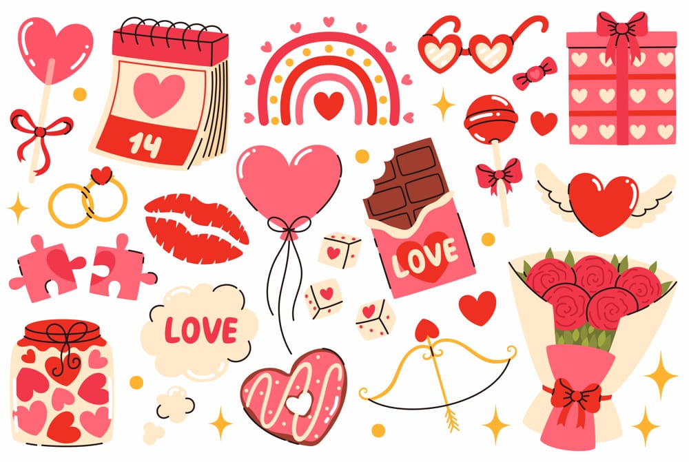 Valentine's Day love icons and romantic symbols