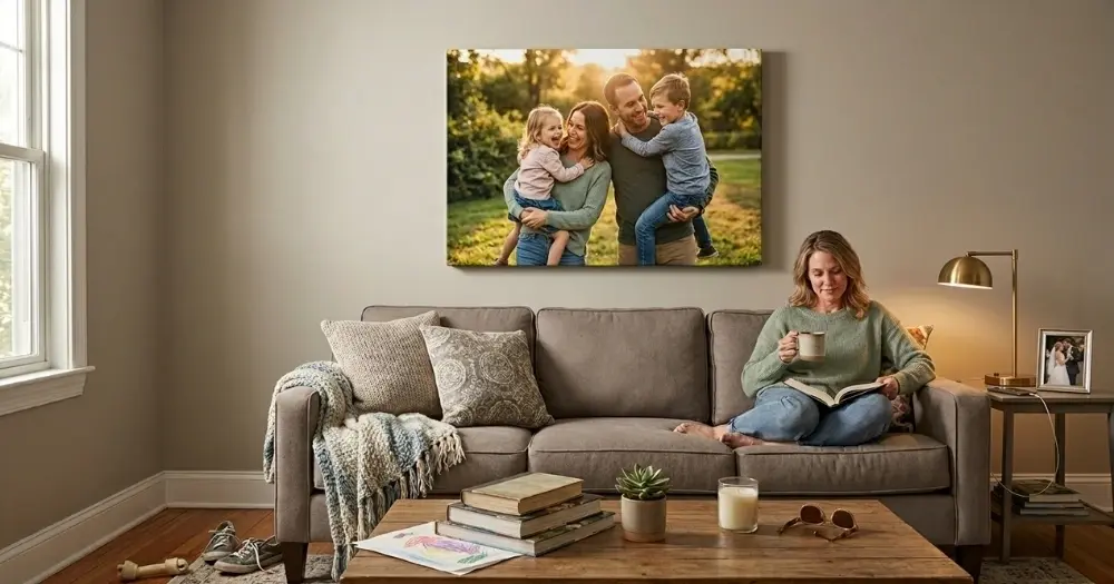 Mom relaxing on her sofa reading a book with a large personalized family portrait canvas print hanging on the wall above