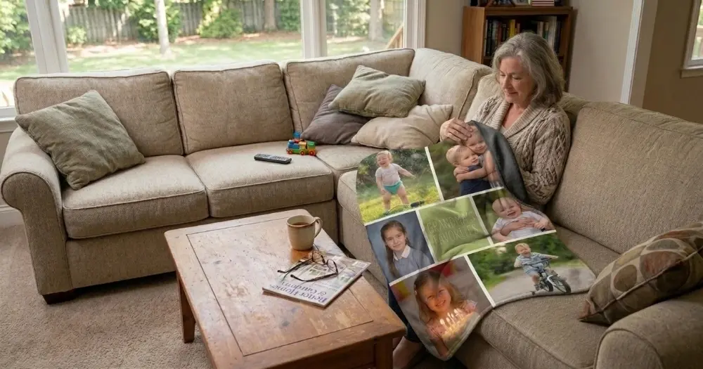 Grandmother sitting on her living room couch holding a personalized photo blanket with a collage of grandchildren's photos