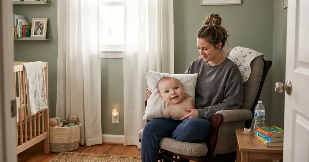 First-time mom sitting in a nursery glider chair holding a personalized photo pillow printed with her baby's portrait