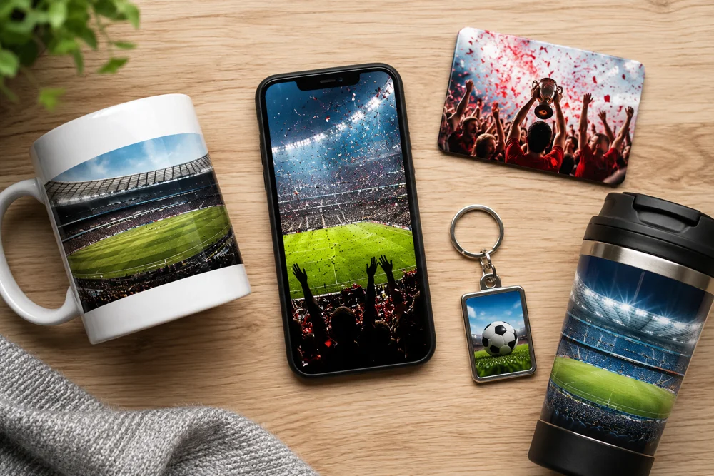 Custom football fan gift collection with photo mugs, magnets, and keychains featuring World Cup memories