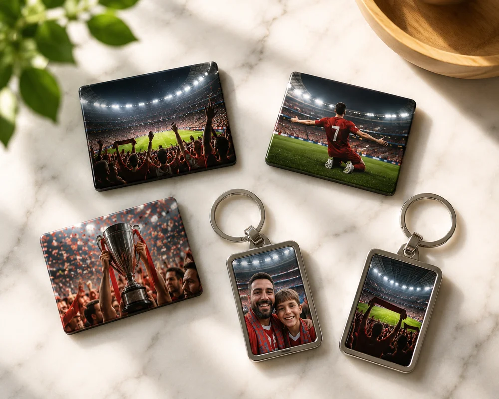 Photo keychains and fridge magnets featuring football match day memories and World Cup snapshots