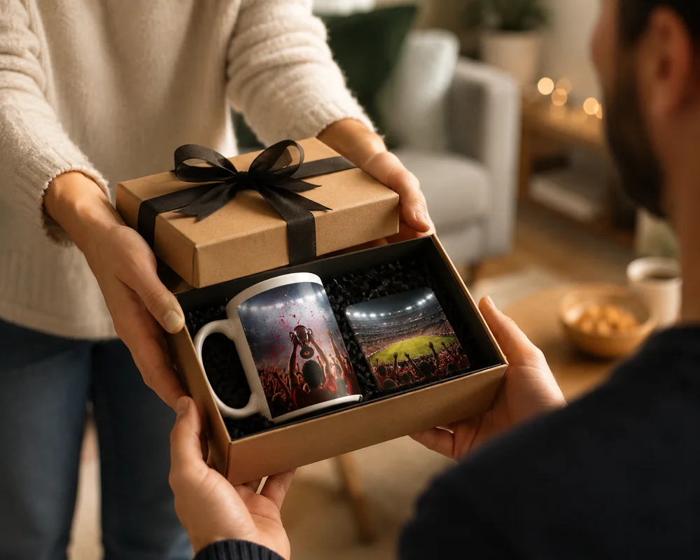 World Cup themed gift box with personalized photo mug and keepsakes for football fans