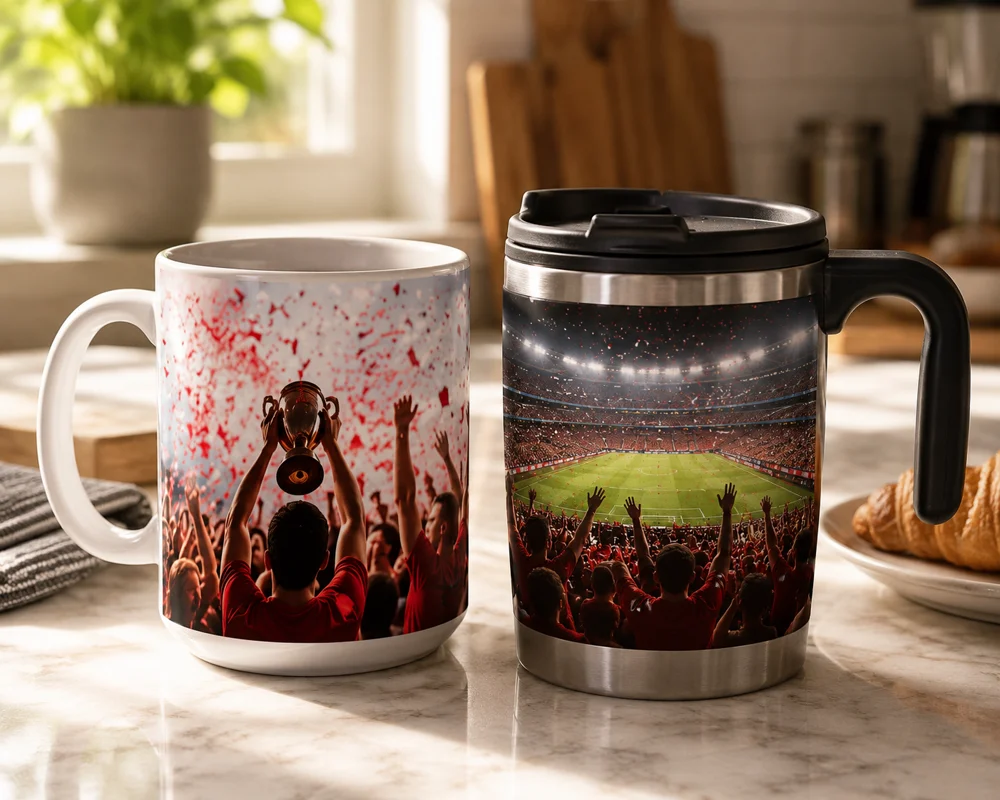 Custom photo mugs and travel mugs featuring football stadium photos and World Cup memories