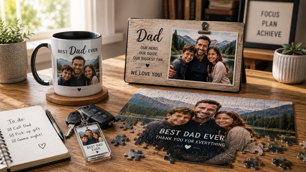 Everyday personalized photo gifts for Dad including custom mugs, keychains, and puzzles displayed on a kitchen counter