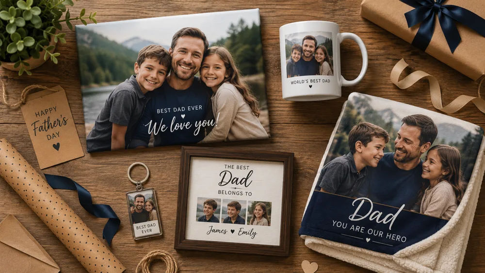 Collection of personalized Father's Day photo gifts including canvas prints, mugs, blankets and keychains arranged on a table