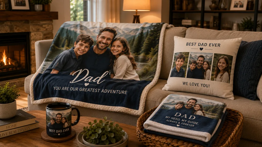 Personalized home gifts for Father's Day including photo blankets, pillows, and custom towels arranged in a cozy living room