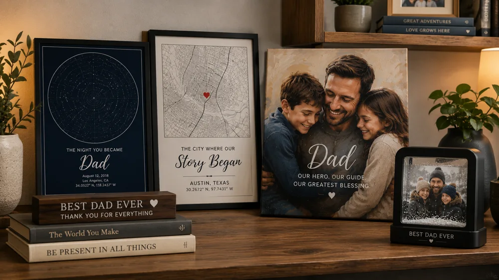 Unique personalized Father's Day gifts including a star map, city map poster, AI portrait, and photo snow globe on a styled shelf