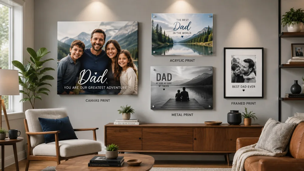 Various personalized wall art options for Father's Day including canvas prints, acrylic prints, and framed photos displayed in a living room