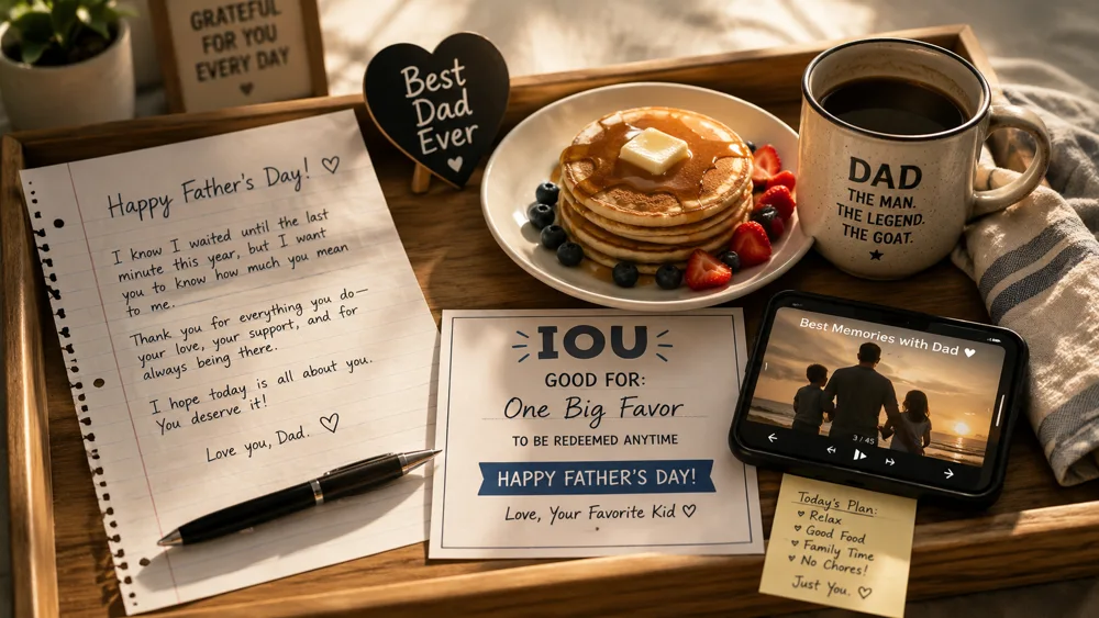 Emergency last-minute Father's Day gift ideas including a handwritten letter, breakfast tray, and a printed IOU card alongside a phone showing a photo slideshow