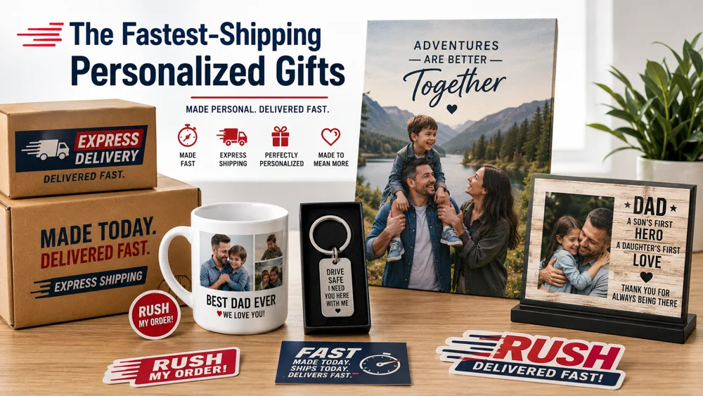 Fast-shipping personalized Father's Day gifts including photo mugs, keychains, poster prints and desktop plaques arranged with express shipping packaging