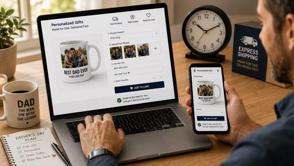 Quick ordering tips for personalized Father's Day gifts showing a phone with photos ready to upload and a laptop checkout screen