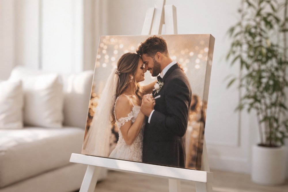 Large canvas print of a wedding couple displayed in a living room