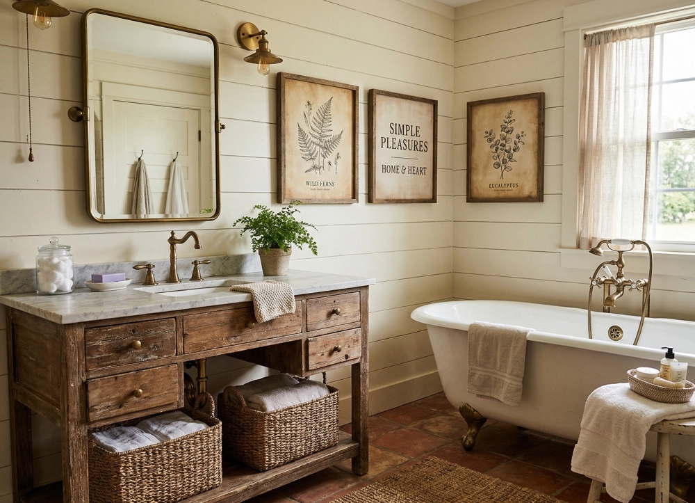 Stylish bathroom wall decor with spa aesthetic