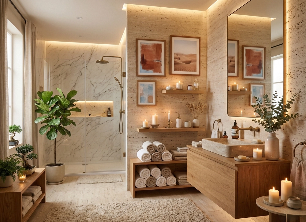 Contemporary black and white bathroom gallery wall