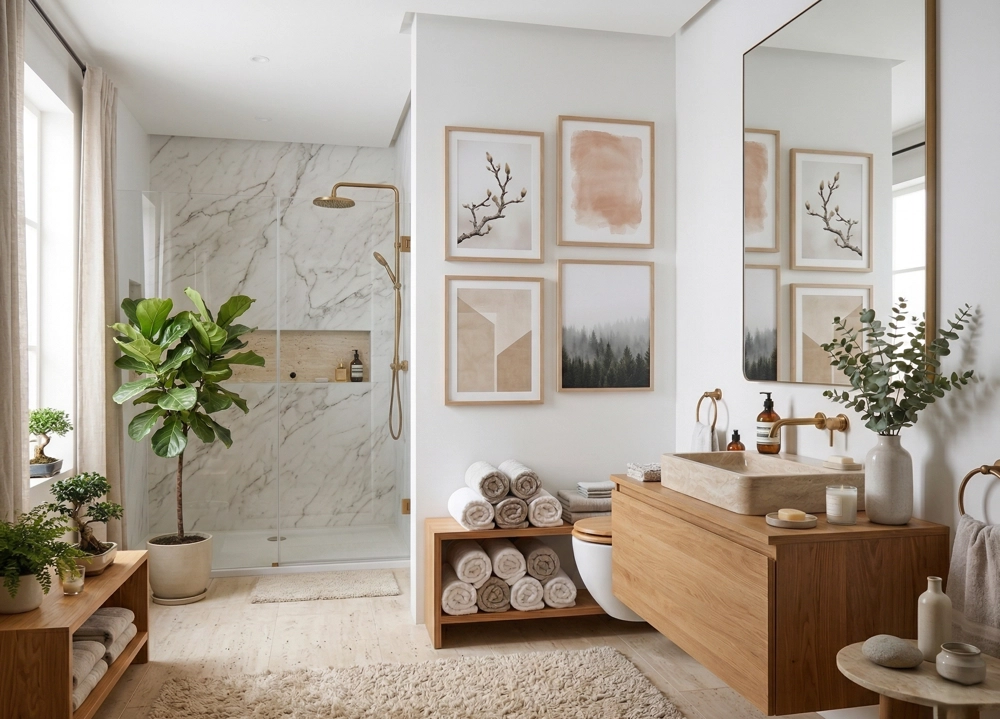 Luxury bathroom wall art with warm lighting