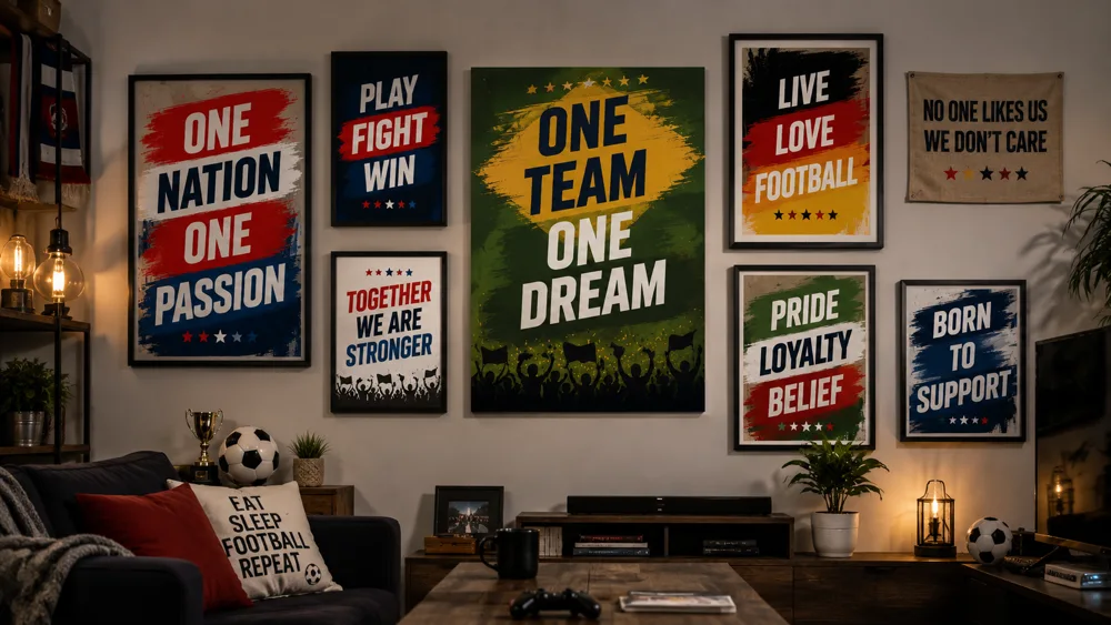 Group of friends displaying their collection of custom football fan posters at a watch party