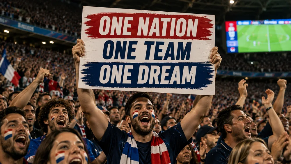 Football fan holding a colourful custom poster in a crowd of supporters at a game day event