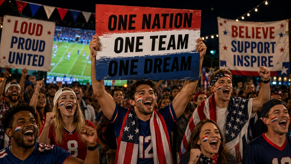 Custom football fan poster displayed at a game day watch party with face paint and jerseys