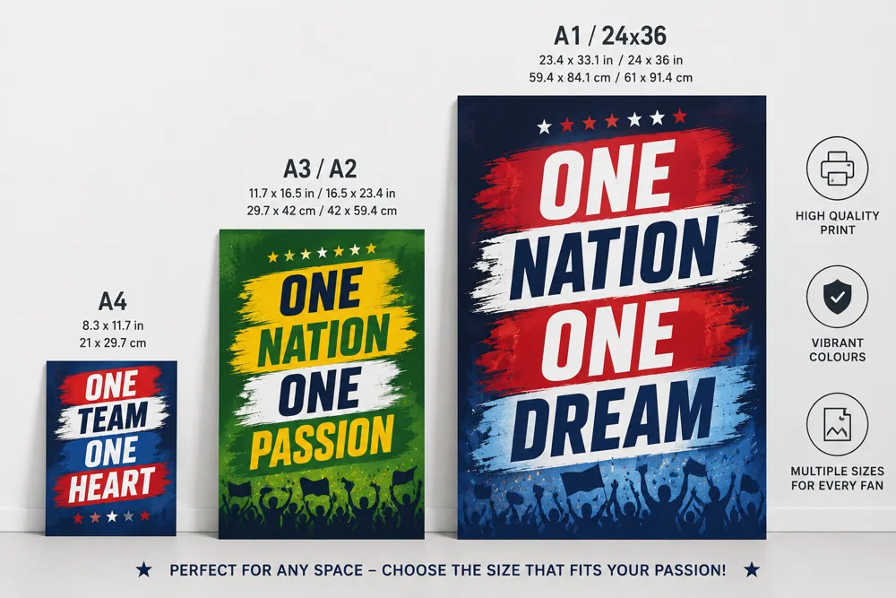 Comparison of different football poster sizes from small desk prints to large stadium-ready posters