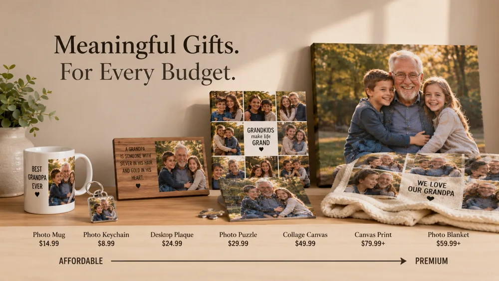Range of personalized gifts for grandpa organized by budget from affordable photo mugs to premium canvas prints and photo blankets