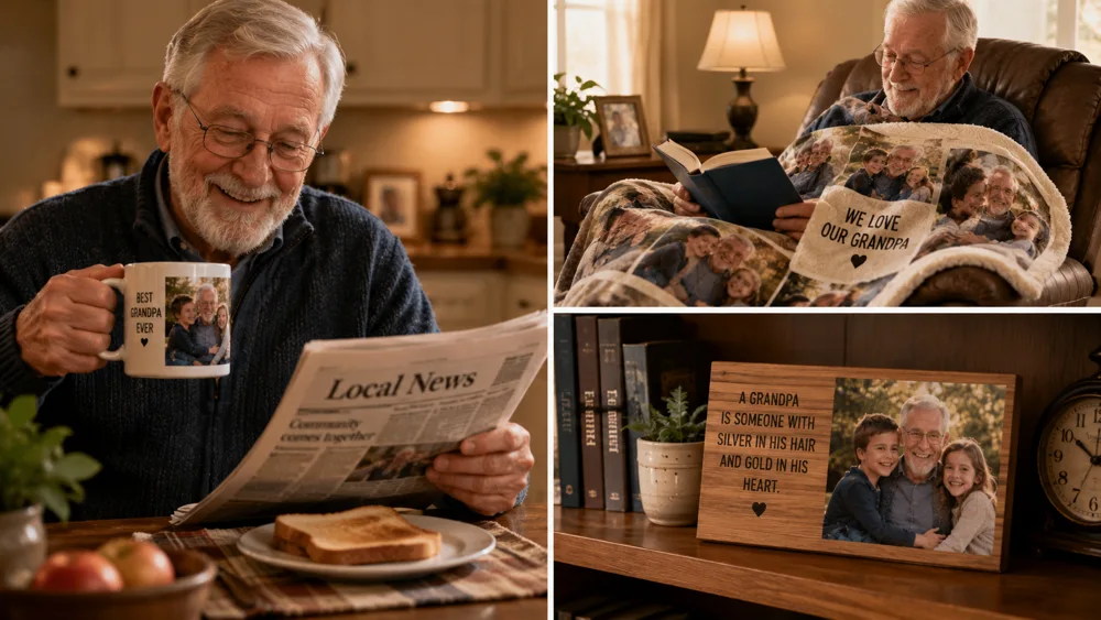 Everyday personalized gifts for grandpa including a photo mug on a kitchen table, a photo blanket on a recliner, and a desktop plaque on a bookshelf