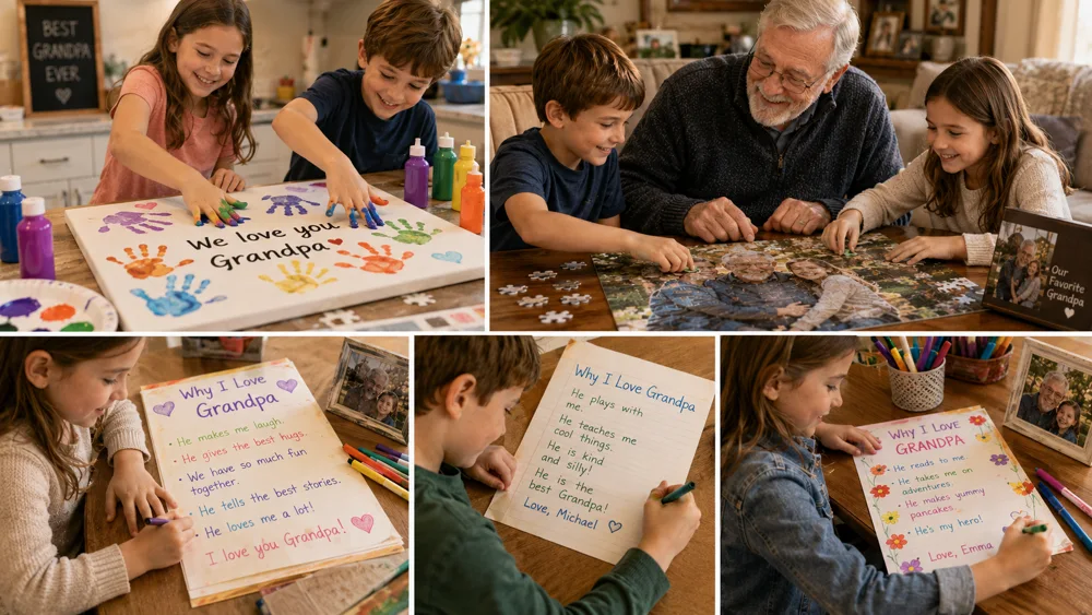 Grandchildren making personalized gifts for grandpa including handprint paintings, assembling a photo puzzle together, and writing Why I Love Grandpa letters