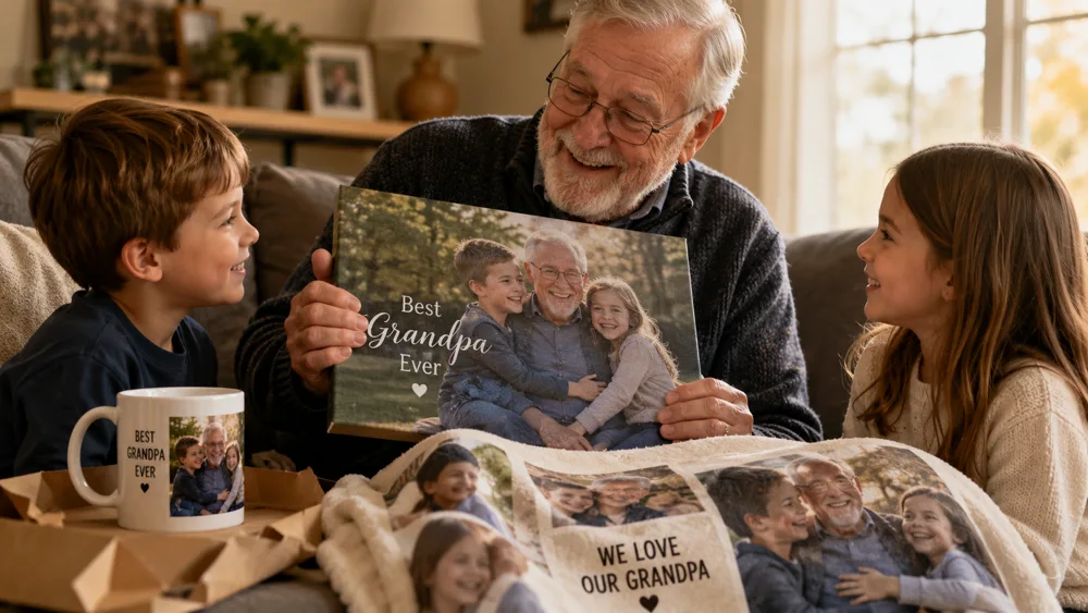 Grandfather smiling while looking at personalized photo gifts from grandchildren including a canvas print, photo mug, and photo blanket