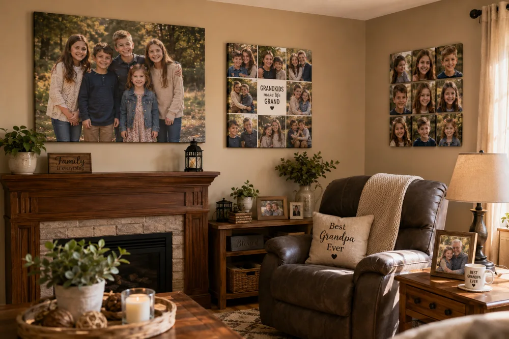 Grandfather's living room wall featuring a large family canvas print, collage of grandchildren, and MixPix photo tiles displaying multiple generations