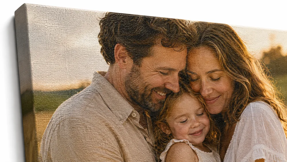 Canvas print close-up showing the warm textured fabric surface with a family portrait demonstrating the painterly quality of canvas