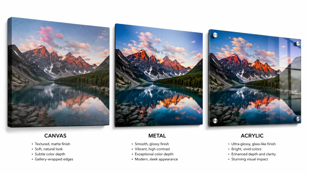 Side-by-side comparison of the same landscape photo printed on canvas, metal, and acrylic showing the difference in finish, color and texture