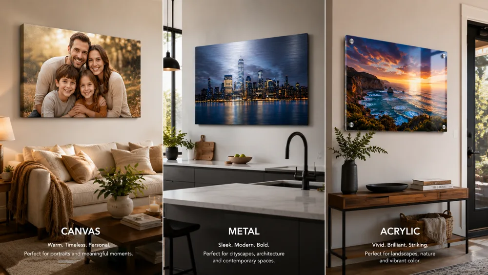 Lifestyle scene showing canvas, metal, and acrylic prints hanging in different rooms of a home demonstrating ideal placement for each material