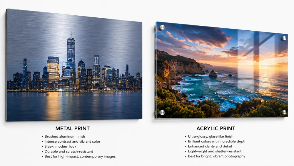 Metal print and acrylic print side by side showing the brushed aluminum finish versus the glass-like glossy depth of acrylic