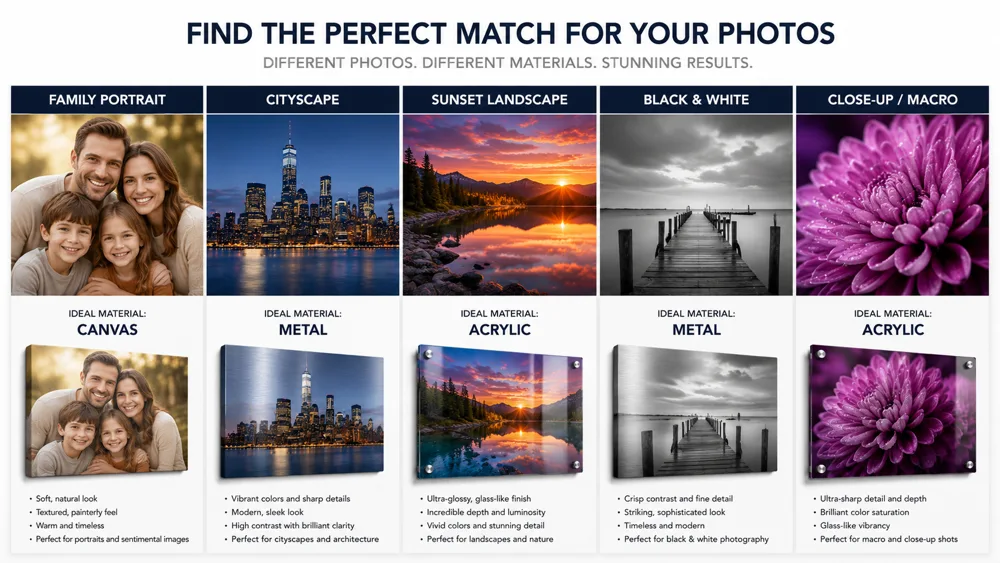 Three identical photos printed on canvas, metal, and acrylic demonstrating how each material changes the look and feel of the same image