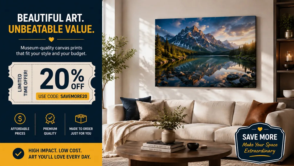 Split image showing affordable canvas prints in a beautifully decorated room alongside a coupon code discount graphic and size comparison