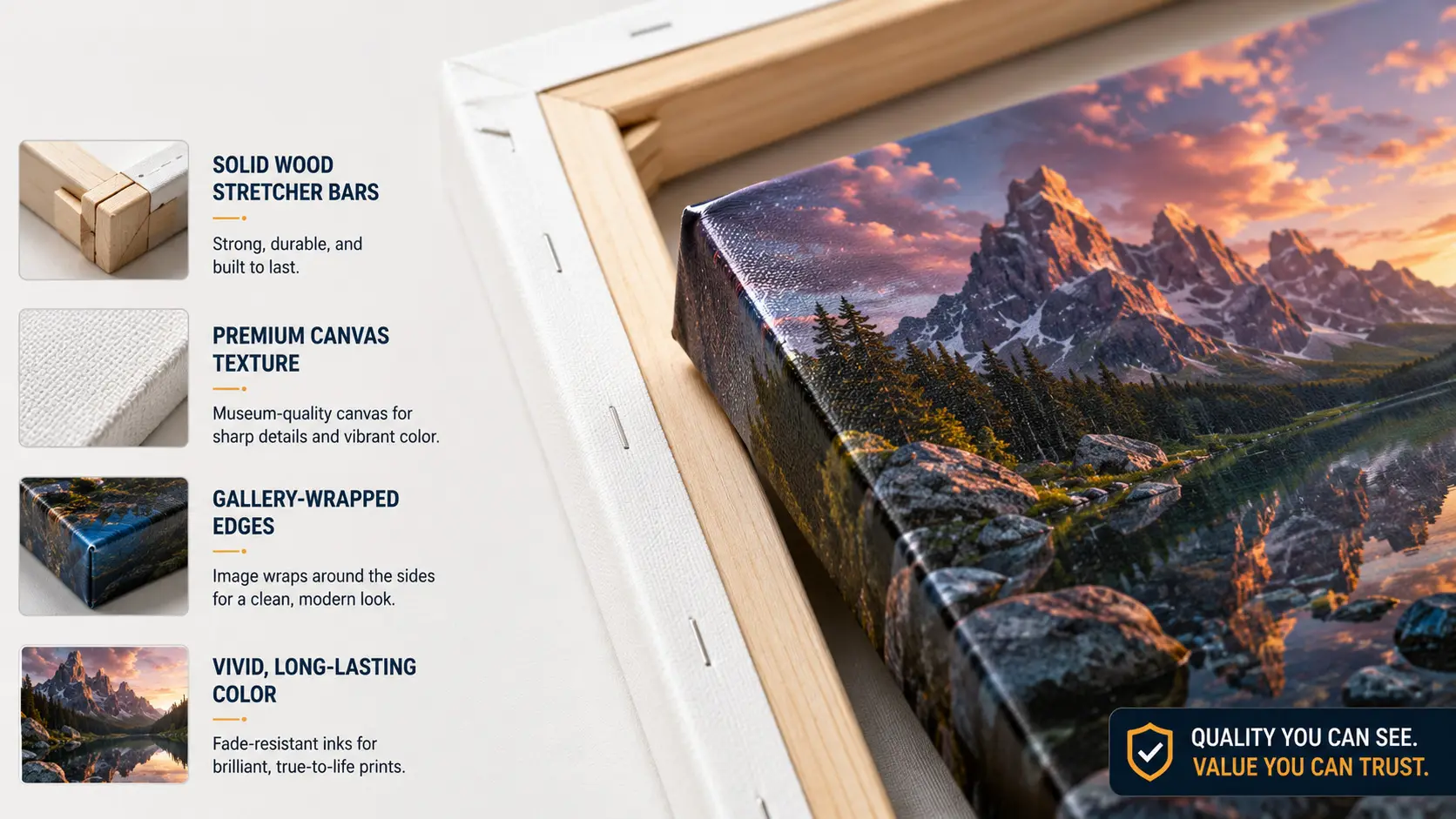 CanvasDiscount canvas print product showcase showing the stretcher bar quality, canvas texture, and vivid color output on a finished print