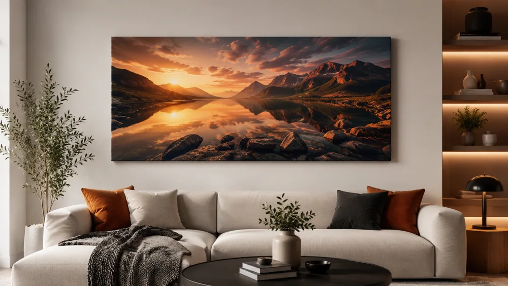 High-quality affordable canvas print hanging on a modern living room wall showing vivid colors and crisp detail, demonstrating that budget prints can look premium