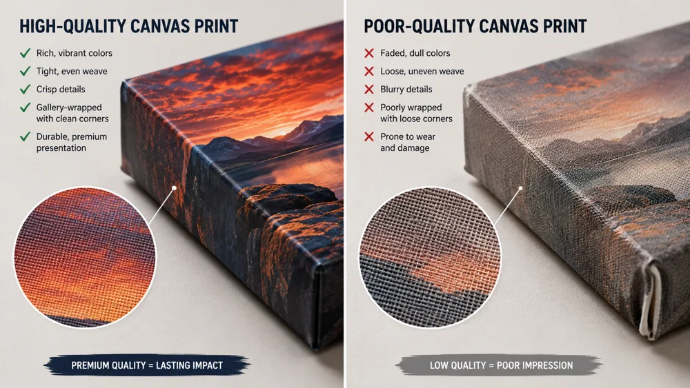 Close-up comparison of a high-quality canvas print showing rich texture and vivid colors versus a poor-quality print with faded colors and visible weave gaps