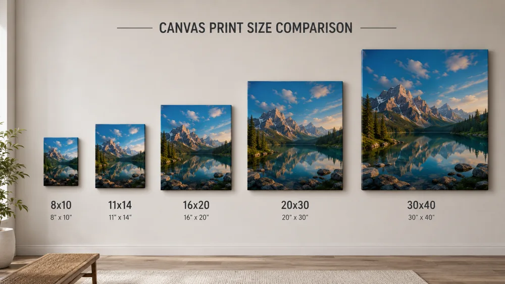Different canvas print sizes displayed on a wall showing the visual impact of each size from small desktop to large statement piece