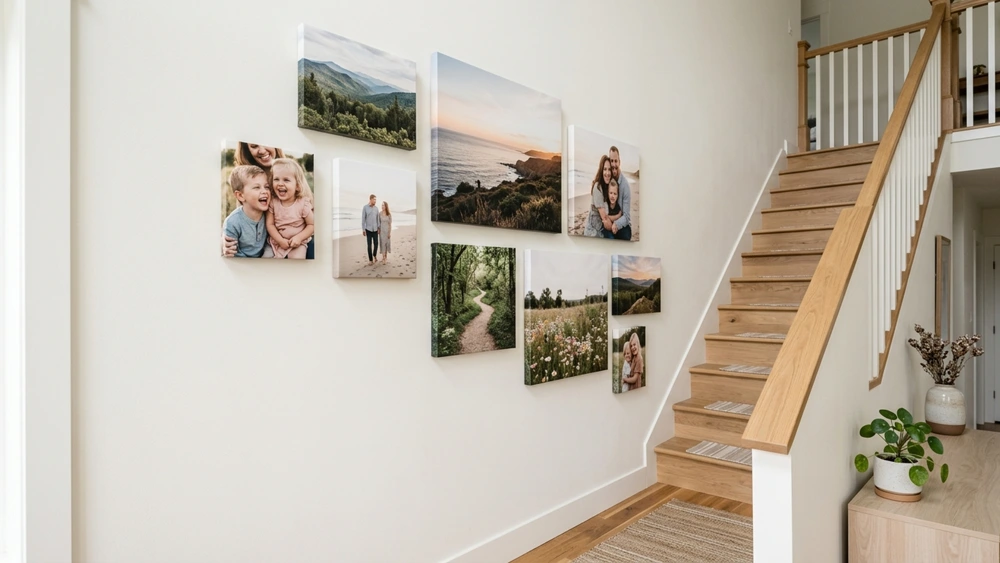Split view showing correctly sized canvas prints in different rooms: living room with large canvas, bedroom with medium canvas, and hallway with gallery wall of small canvases