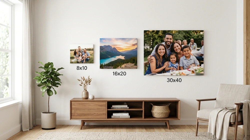 Canvas prints in various sizes displayed on a living room wall showing the visual impact difference between small, medium, and large formats