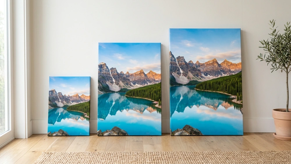 Comparison showing how the same photo looks at different canvas sizes, demonstrating resolution quality from sharp small prints to the limits of phone camera resolution on large formats