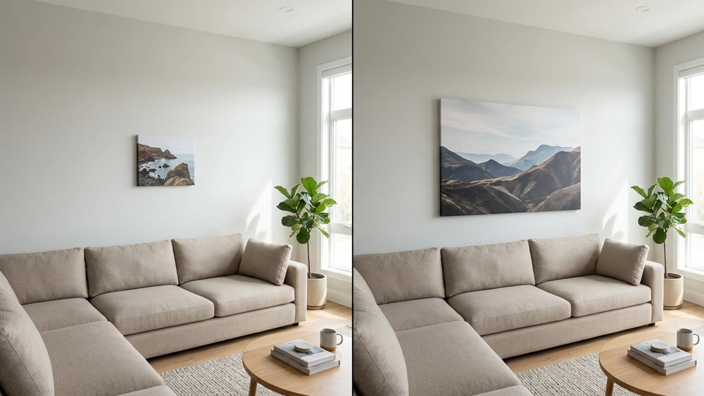 Before and after comparison showing common canvas sizing mistakes: too small above a sofa, hung too high, and correctly sized following the two-thirds rule