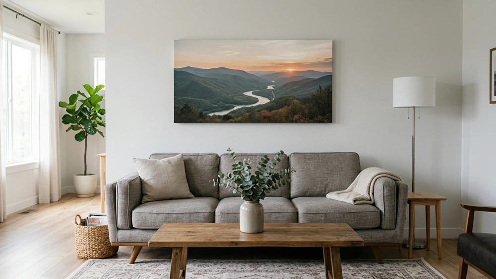 Visual diagram showing the two-thirds rule with a canvas print sized to two-thirds the width of the sofa below it
