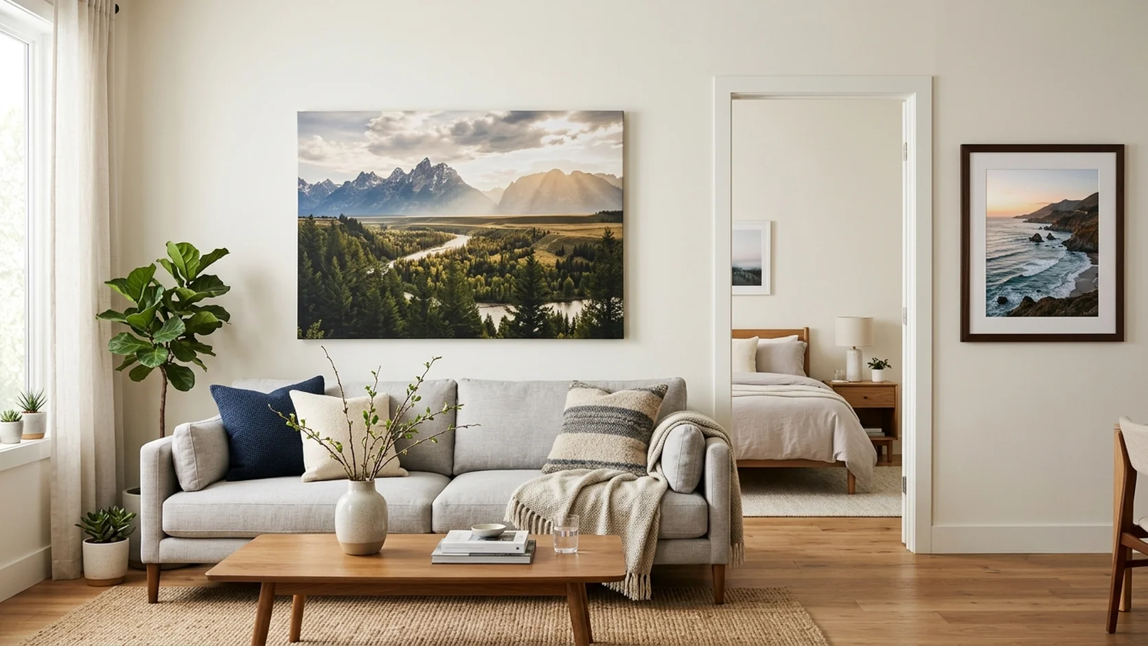Large format photo prints 16x20 and 24x36 displayed on living room and bedroom walls showing their visual impact as wall art