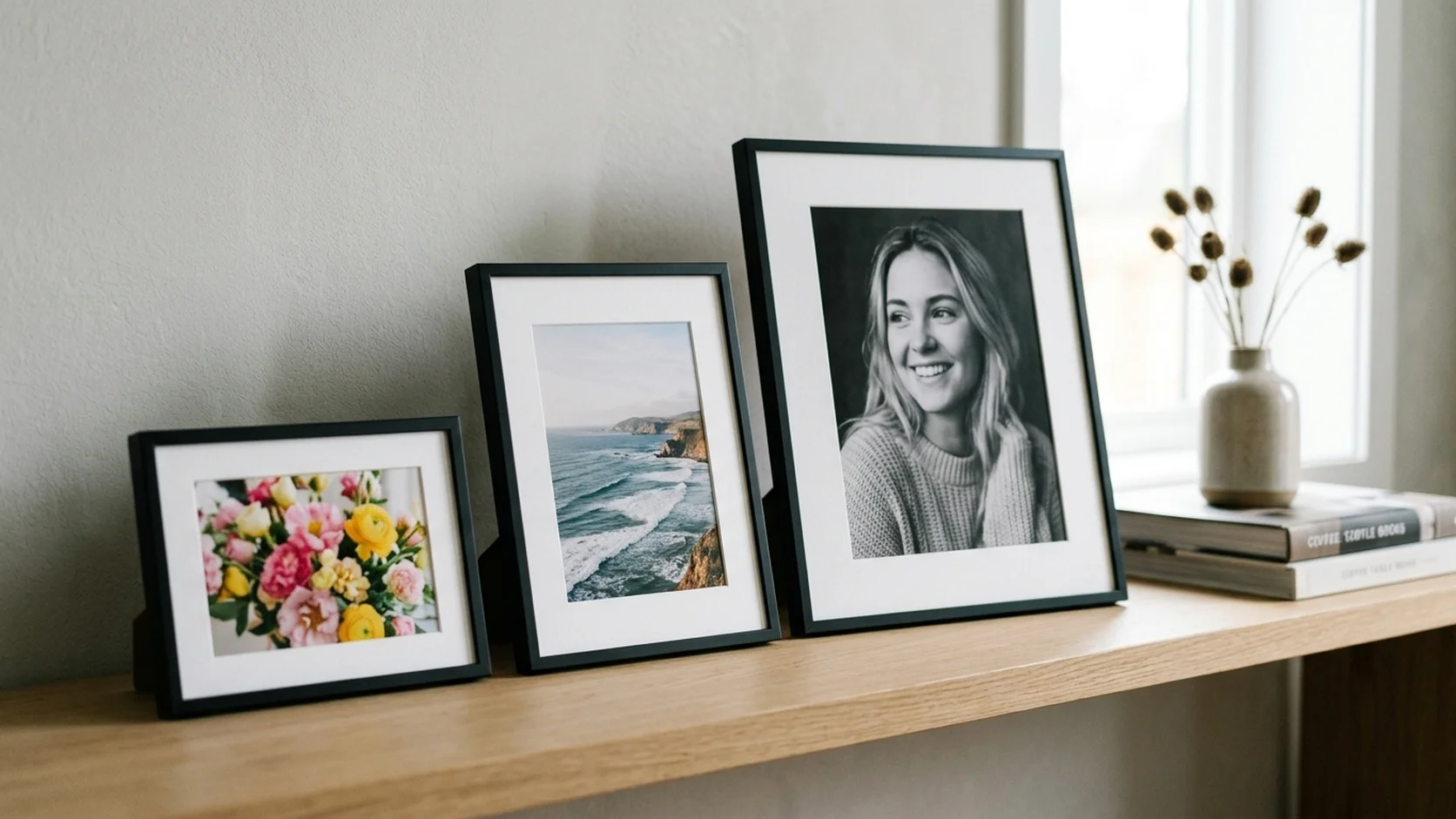 The three most popular photo print sizes 4x6, 5x7, and 8x10 displayed in frames showing the relative size difference