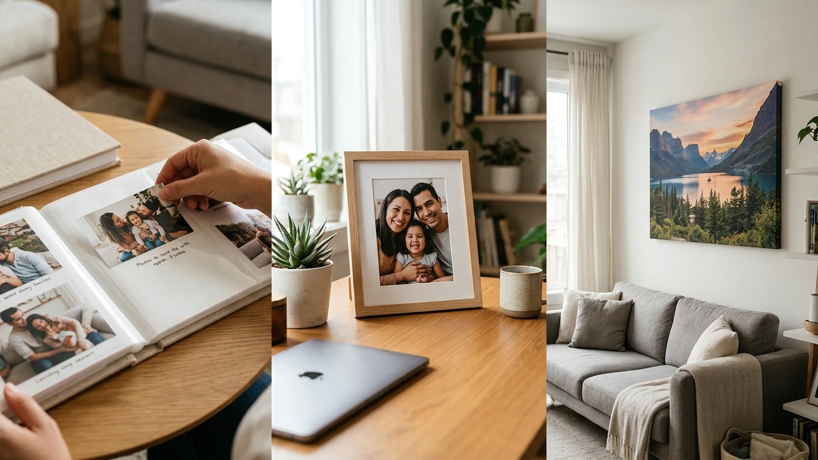 Different photo print sizes matched to their ideal use showing 4x6 in an album, 8x10 on a desk, 16x20 on a bedroom wall, and 24x36 above a sofa