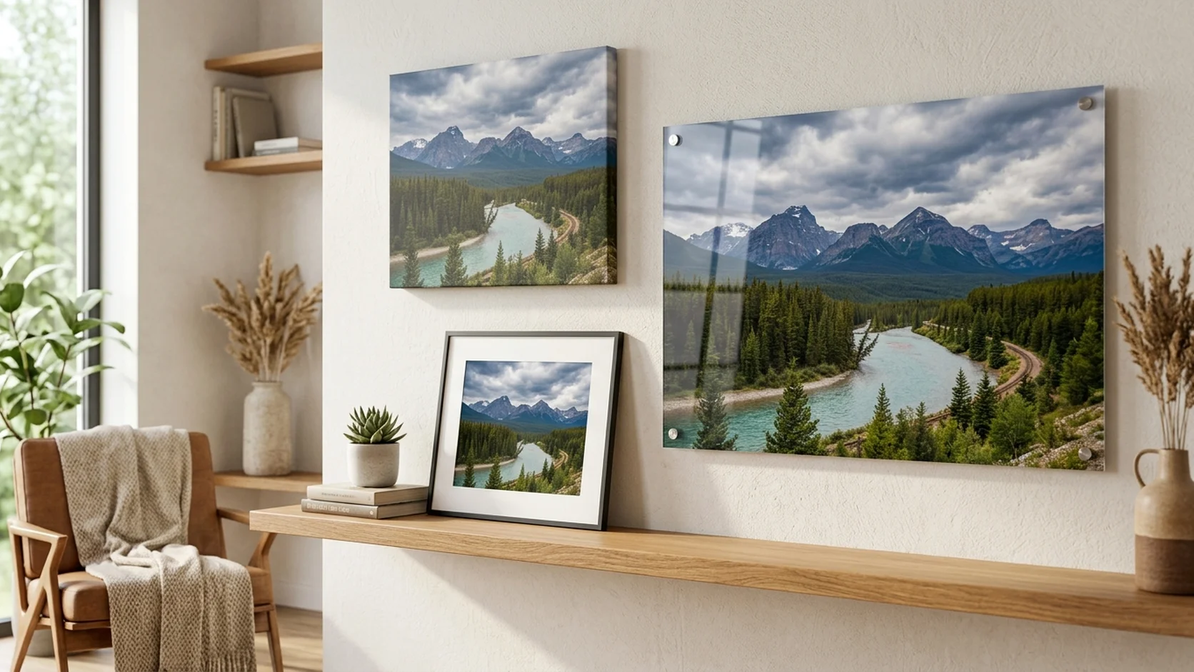 Progression from standard photo prints to premium wall art showing the same photo as a framed 8x10, a 16x20 canvas, and a 24x36 acrylic print