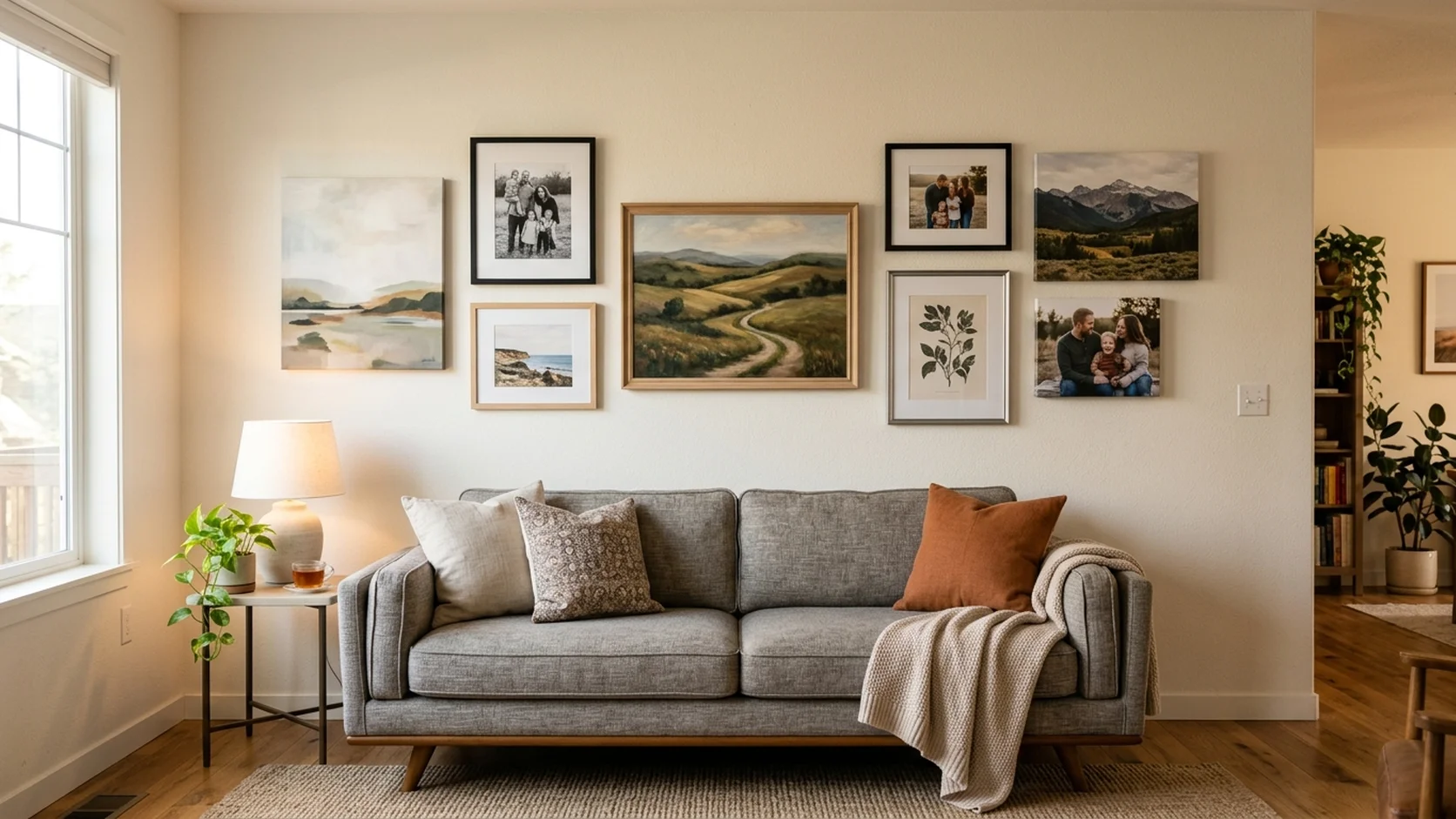 Finished gallery wall in a modern living room showing the complete result with mixed canvas prints and framed photos beautifully arranged above a sofa