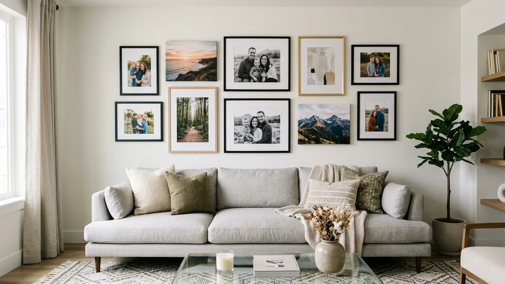 Beautiful gallery wall with mixed canvas prints and framed photos arranged in a modern living room above a sofa